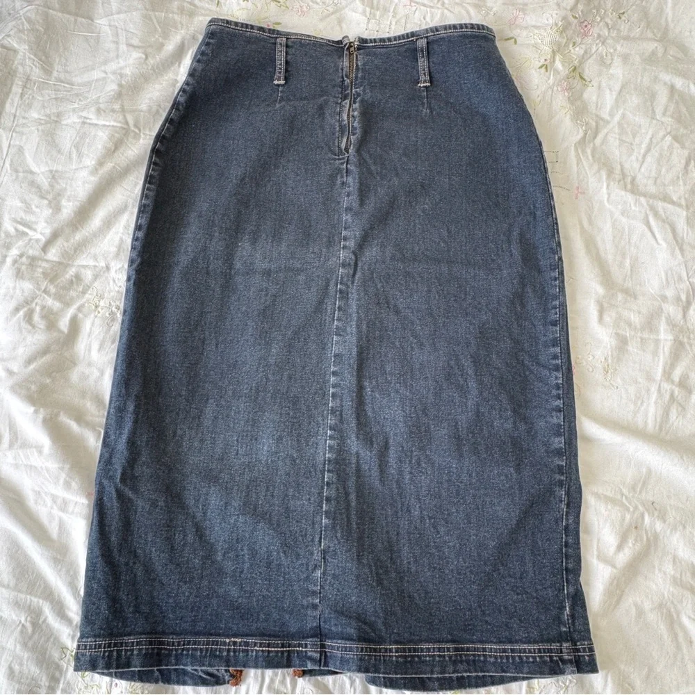 Y2K Denim Midi Skirt with Brown Crochet Trim Detail - Picture 5 of 7